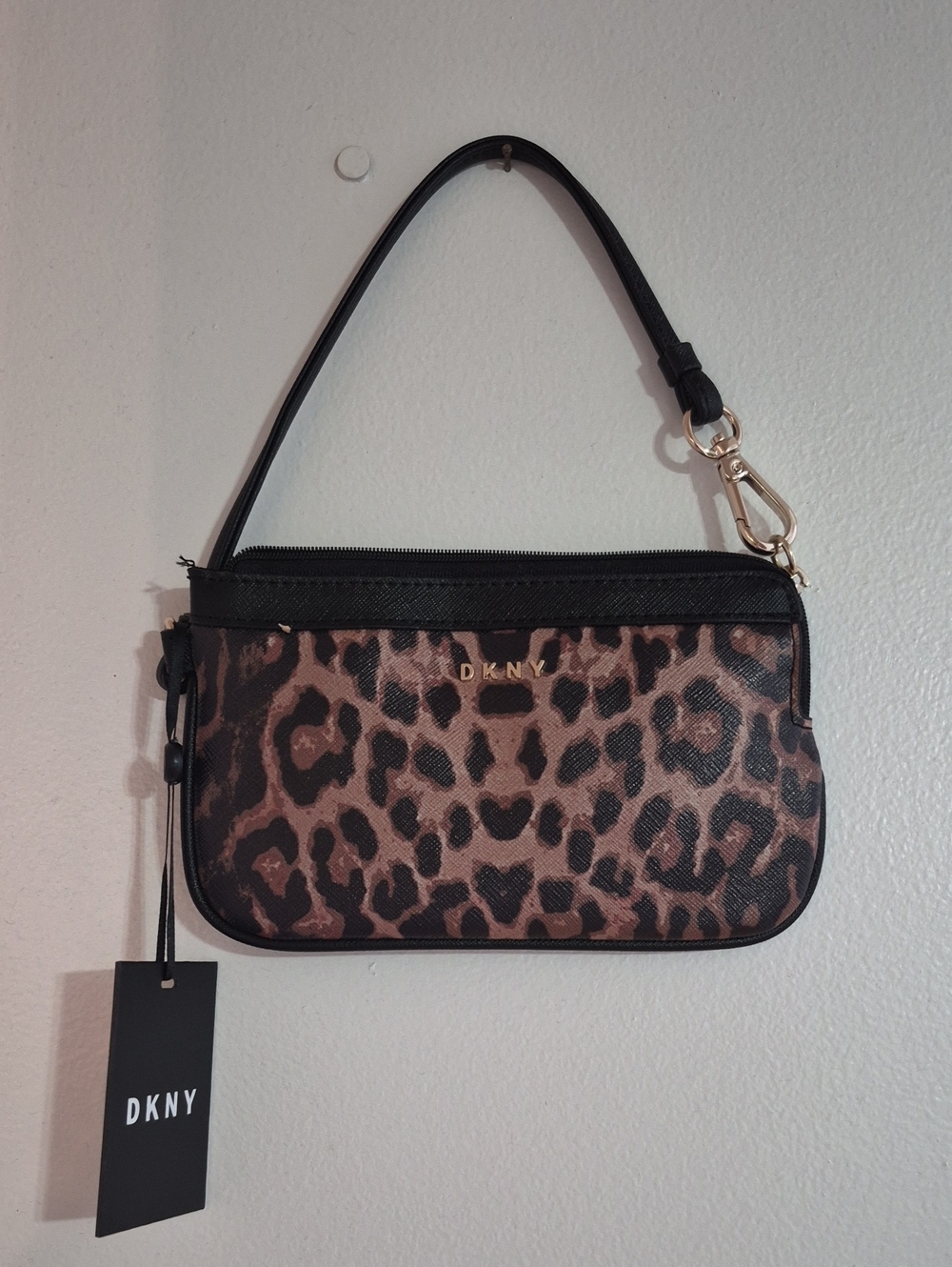 DKNY Leopard-Print Wristlet in Brown and Black with Gold Hardware